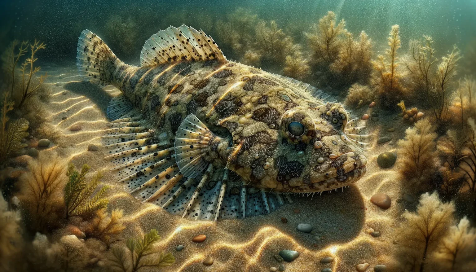 Ein flacher Fisch mit einer Musterung, die an einen Kiesboden erinnert, ruht auf dem sandigen Meeresboden, umgeben von Wasserpflanzen und kleinen Steinen, während Lichtstrahlen durch das Wasser dringen und eine friedliche Unterwasserlandschaft bilden.
