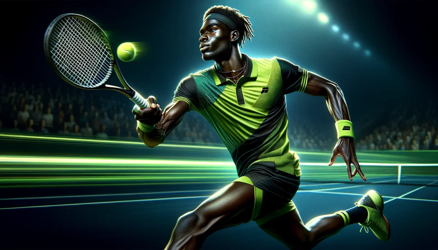 Ein Tennisspieler in Aktion auf einem beleuchteten Tenniscourt bei Nacht. Er trägt ein grünes Sportoutfit, einen Stirnband und bereitet sich darauf vor, den herannahenden Tennisball mit seiner Rückhand zu schlagen. Die Szene zeigt dynamische Bewegung und ist digital illustriert, wodurch sie besonders lebendig wirkt.