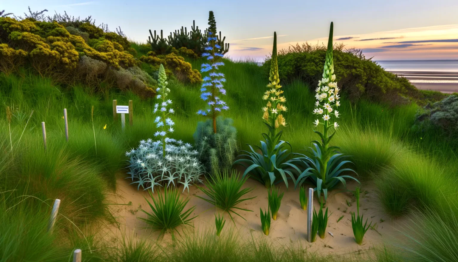 Eine malerische Küsten-Dünenlandschaft bei Sonnenuntergang mit einer Vielfalt an Pflanzen und Wildblumen. Im Vordergrund sind verschiedene Grüntöne von Gräsern und Blütenpflanzen zu erkennen, die auf sandigem Boden wachsen, wobei einige Blumen auffallend weiße und blaue Blüten zeigen. Im Hintergrund ist der ruhige Himmel mit warmen Tönen vom Sonnenuntergang und ein friedlicher Ozean zu sehen, der am Horizont das Bild abrundet.