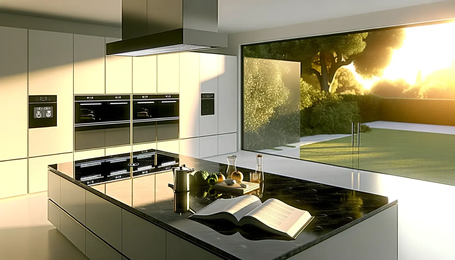 Moderne Küche mit glänzenden schwarzen Arbeitsplatten und hellen Schränken bei Sonnenuntergang, mit Blick auf einen Garten durch ein großes Fenster. Auf der Inselküche liegen ein offenes Kochbuch, Obst und Küchenutensilien.