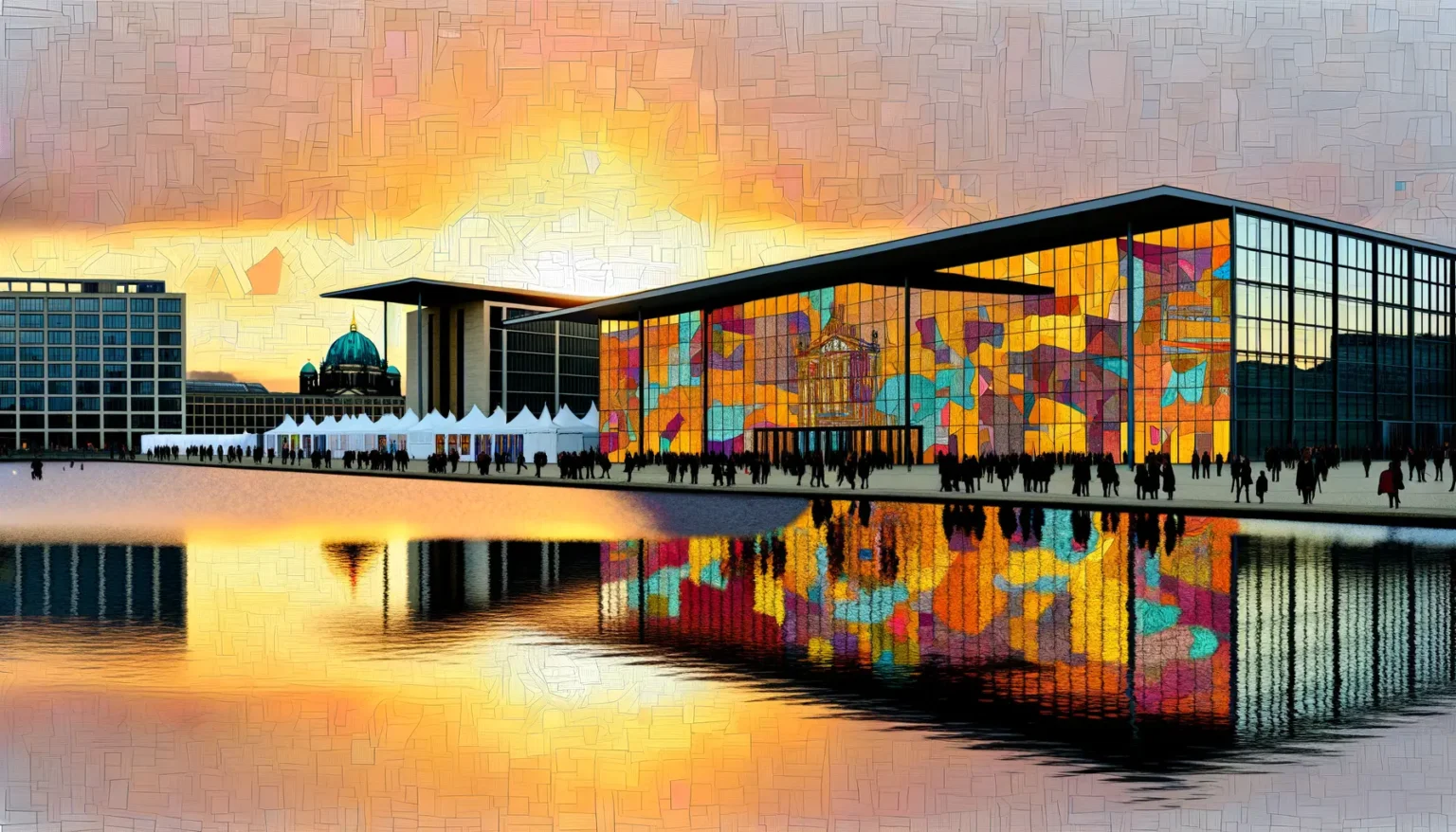 Moderne Architektur eines Gebäudes mit großer Glasfassade, die bunte, abstrakte Muster zeigt, reflektiert auf einer Wasserfläche vor dem Gebäude im Sonnenuntergang. Menschenmengen sind als Silhouetten zu erkennen, die sich vor Zelten und dem Gebäude versammeln. Im Hintergrund ist teilweise eine klassische Kuppelkonstruktion sichtbar.