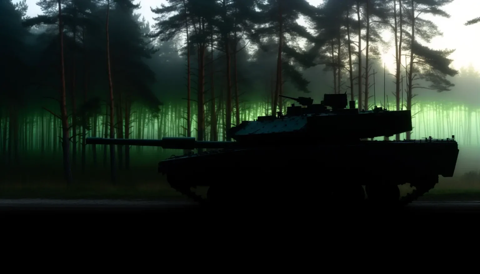 Ein Kampfpanzer im Vordergrund als Silhouette, steht an einem Waldrand bei Dämmerung oder im frühmorgendlichen Licht. Der Wald im Hintergrund ist in Nebel getaucht, der in Grüntönen leuchtet, möglicherweise durch Lichtstrahlen, die durch die Bäume fallen.
