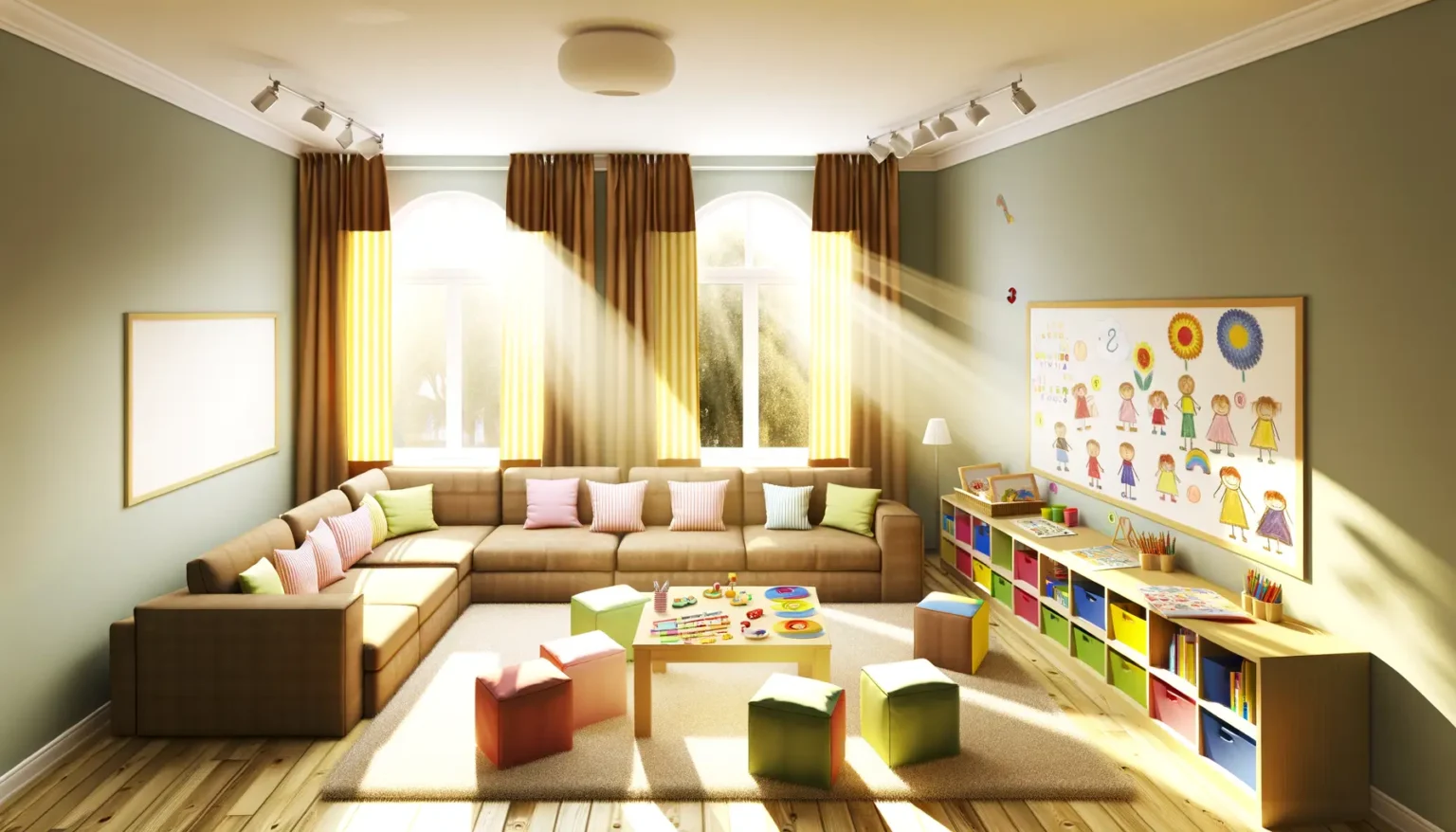 Sonnenlicht flutet durch die Fenster und beleuchtet ein kinderfreundlich gestaltetes Wohnzimmer mit einer großen, gemütlichen, braunen Sofalandschaft mit bunten Kissen. In der Ecke des Raums befindet sich ein Spielbereich mit einem niedrigen Tisch, umgeben von bunten Sitzwürfeln, darauf Spielzeug und Kinderbücher. An der Wand sind kindgerechte Dekorationen, darunter ein großes Poster mit gezeichneten Kindermotiven und eine niedrige Bücherregal-Einheit mit farbigen Fächern, gefüllt mit Spielzeug und Büchern.