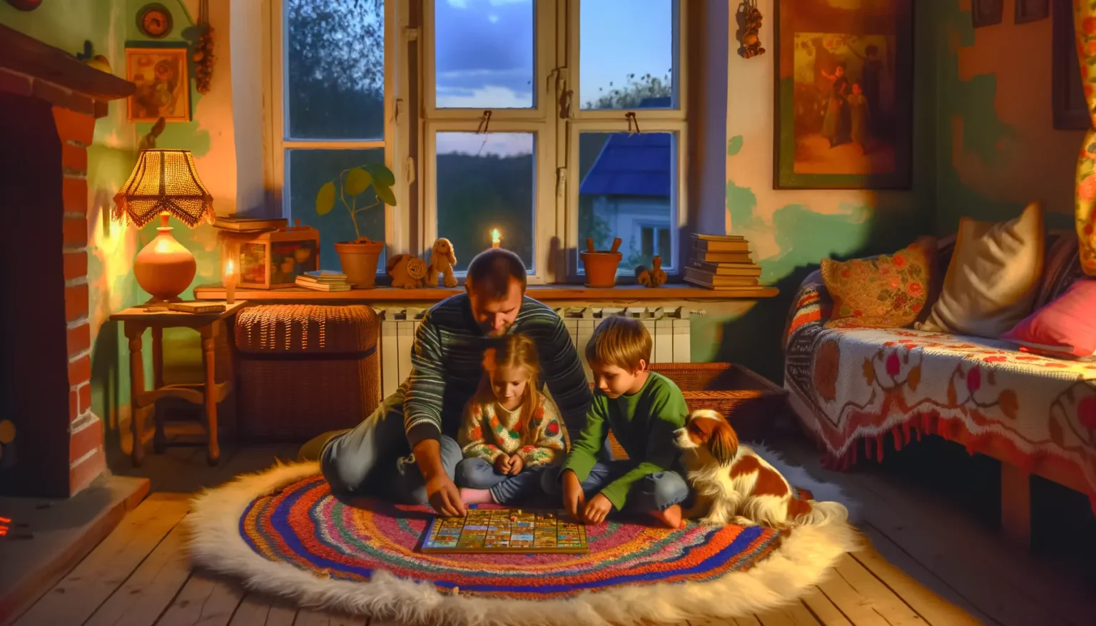 Eine Familie verbringt gemeinsam Zeit beim Spielen eines Brettspiels auf einem bunten Teppich im Wohnzimmer. Ein Erwachsener und zwei Kinder, begleitet von einem kleinen Hund, sind um das Spiel versammelt, während sanftes Licht von einer Tischlampe und dem Kamin das Zimmer erleuchtet. Draußen ist es bereits dunkel, und durch das Fenster ist der Abendhimmel zu sehen. Die gemütliche Einrichtung mit Pflanzen, Büchern und heimeliger Dekoration vermittelt eine warme und einladende Atmosphäre.