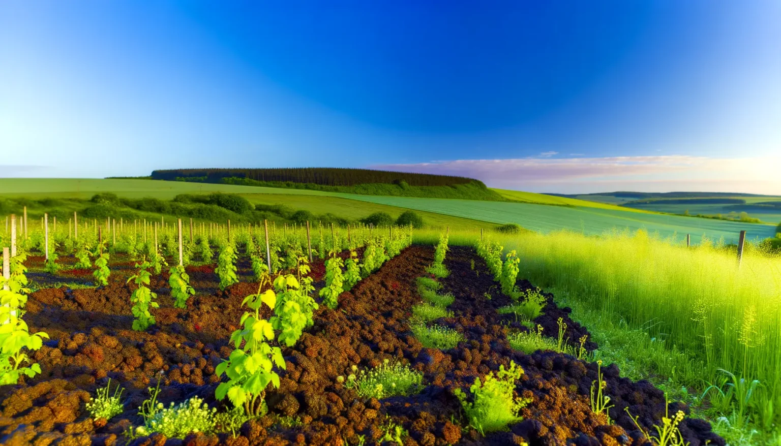 Blick auf ein fruchtbares Ackerland bei Sonnenaufgang mit jungen Pflanzen, die in Reihen auf dunklem, humusreichem Boden wachsen. Im Hintergrund erstrecken sich grüne Felder bis zum Horizont unter einem leuchtend blauen Himmel mit sanftem Lichtgradienten.