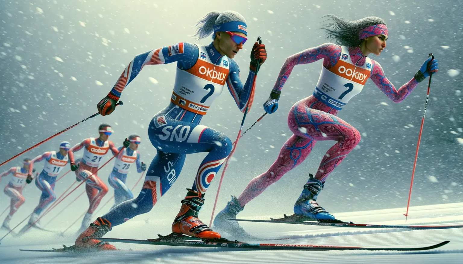 Langläufer während eines Rennens bei Schneefall, mit Fokus auf zwei Athleten in auffälligen Rennanzügen, die dynamisch auf ihren Ski gleiten.