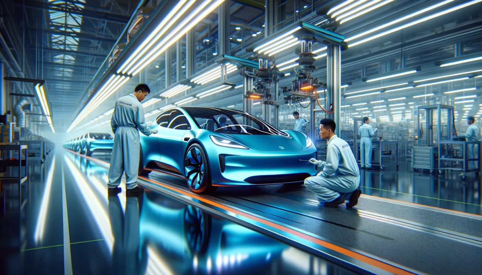 Zwei Ingenieure in weißen Overalls untersuchen ein futuristisches blaues Auto in einer hochmodernen Automobilfertigungsanlage mit leuchtenden Neonlichtern und fortgeschrittenen Roboterarmen im Hintergrund.