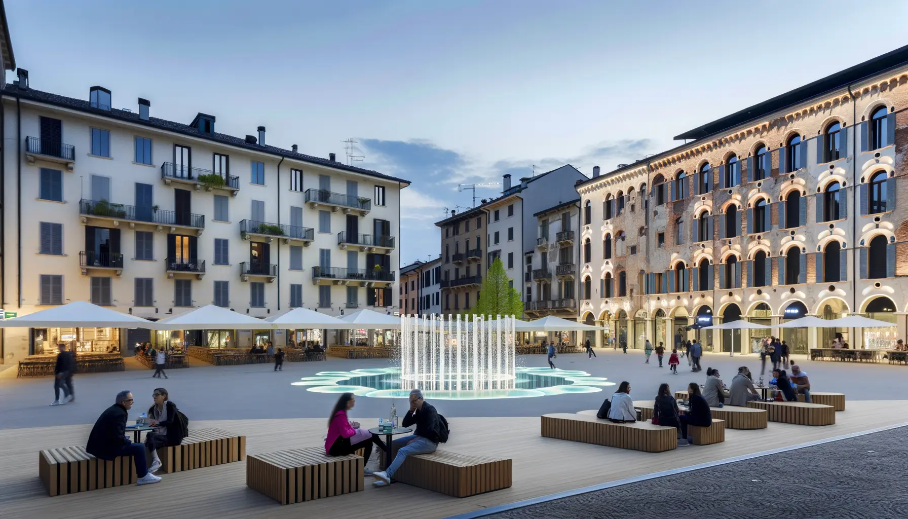 Abendszene auf einer Stadt-Piazza, die alte und neue Architektur vereint