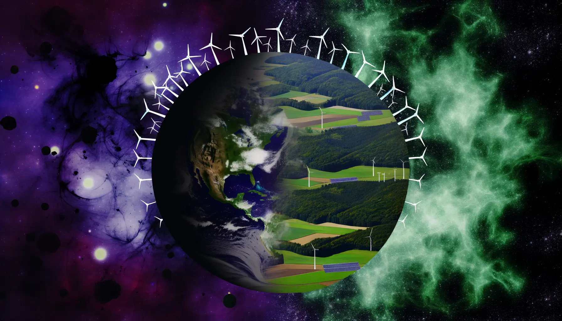 Abstrakte Darstellung der Erde mit Elementen von Pflanzen und Industrie auf kosmischem Hintergrund