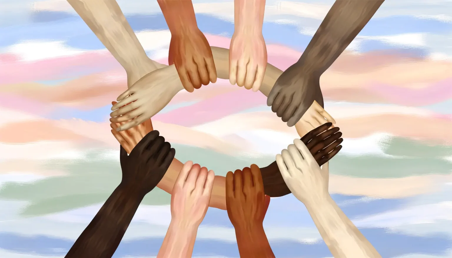 Eine digitale Illustration von acht Händen unterschiedlicher Hautfarben, die in einem Kreis einander ergreifen und eine Einheit symbolisieren, vor einem Hintergrund, der pastellfarbene Streifen in Blau-, Rosa- und Beigetönen zeigt, die einen gemalten Himmel imitieren.