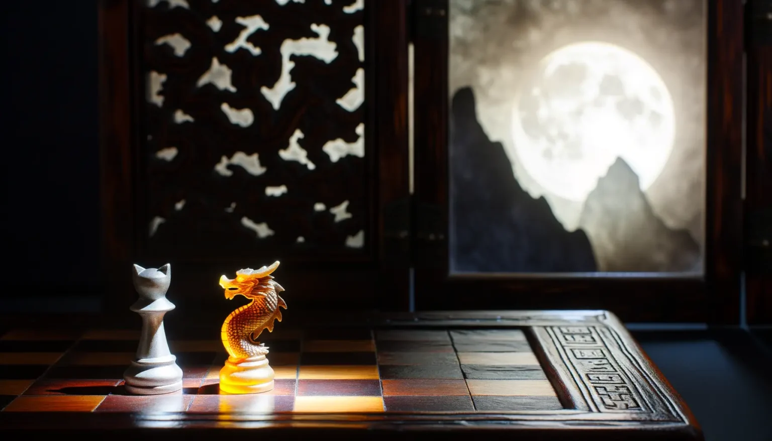 Ein Schachbrett im Vordergrund mit einer weißen Figur, die einem König ähnelt, und einer hervorgehobenen goldfarbenen Drachenfigur, die sich gegenüberstehen. Im Hintergrund ist durch ein Fenster mit asiatischen Mustern der volle Mond hinter Bergsilhouetten zu sehen.