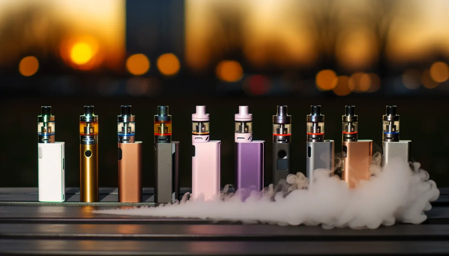 Eine Sammlung verschiedener E-Zigaretten und Vape Pens in unterschiedlichen Farben und Designs, aufgereiht auf einer Oberfläche, mit einem Rauchschwaden im Vordergrund und einem unscharfen Hintergrund mit warmen Lichtern, die vermutlich einer Stadtszene bei Sonnenuntergang entsprechen.