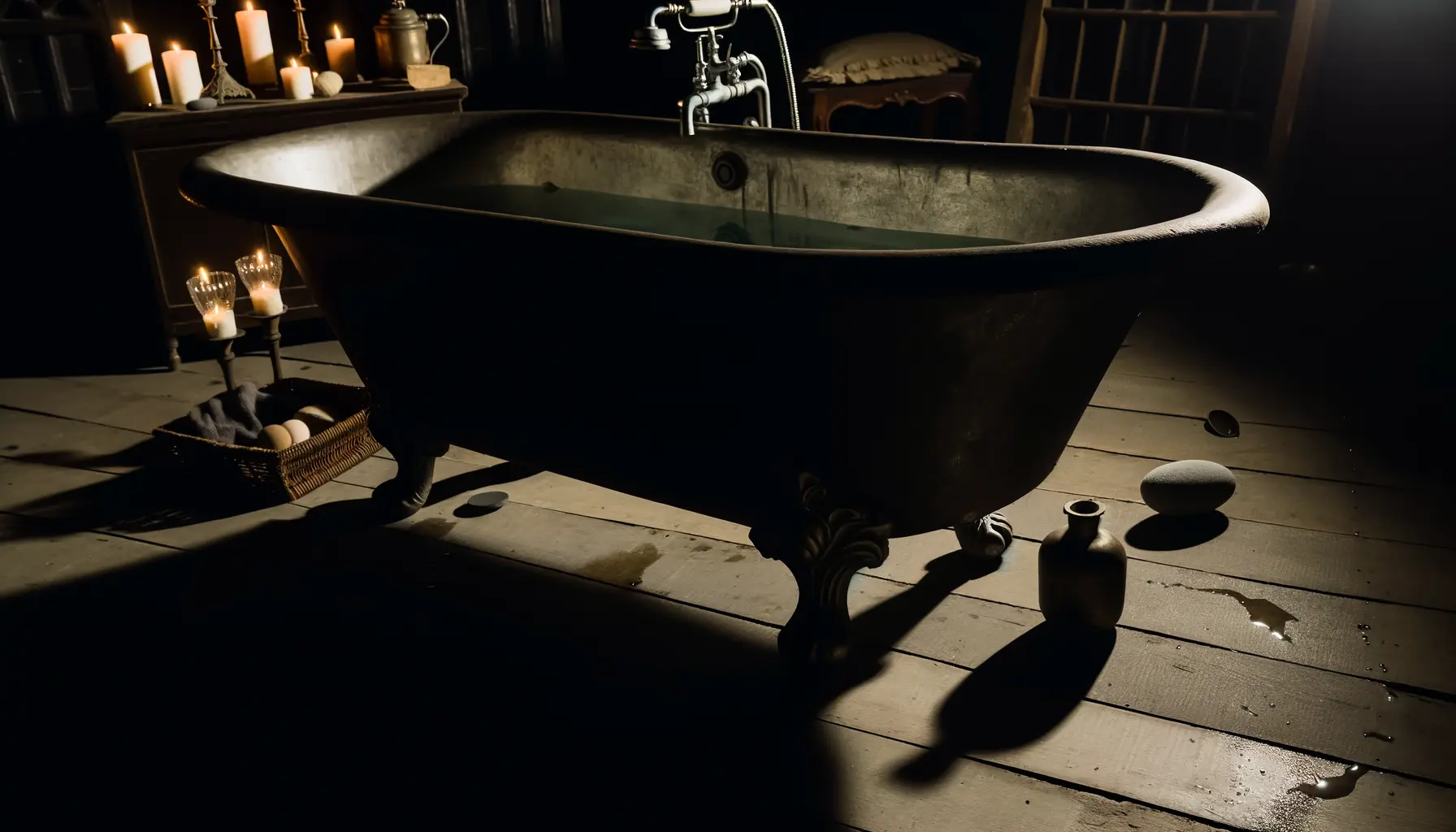 Antike Badewanne mit Kerzenlicht