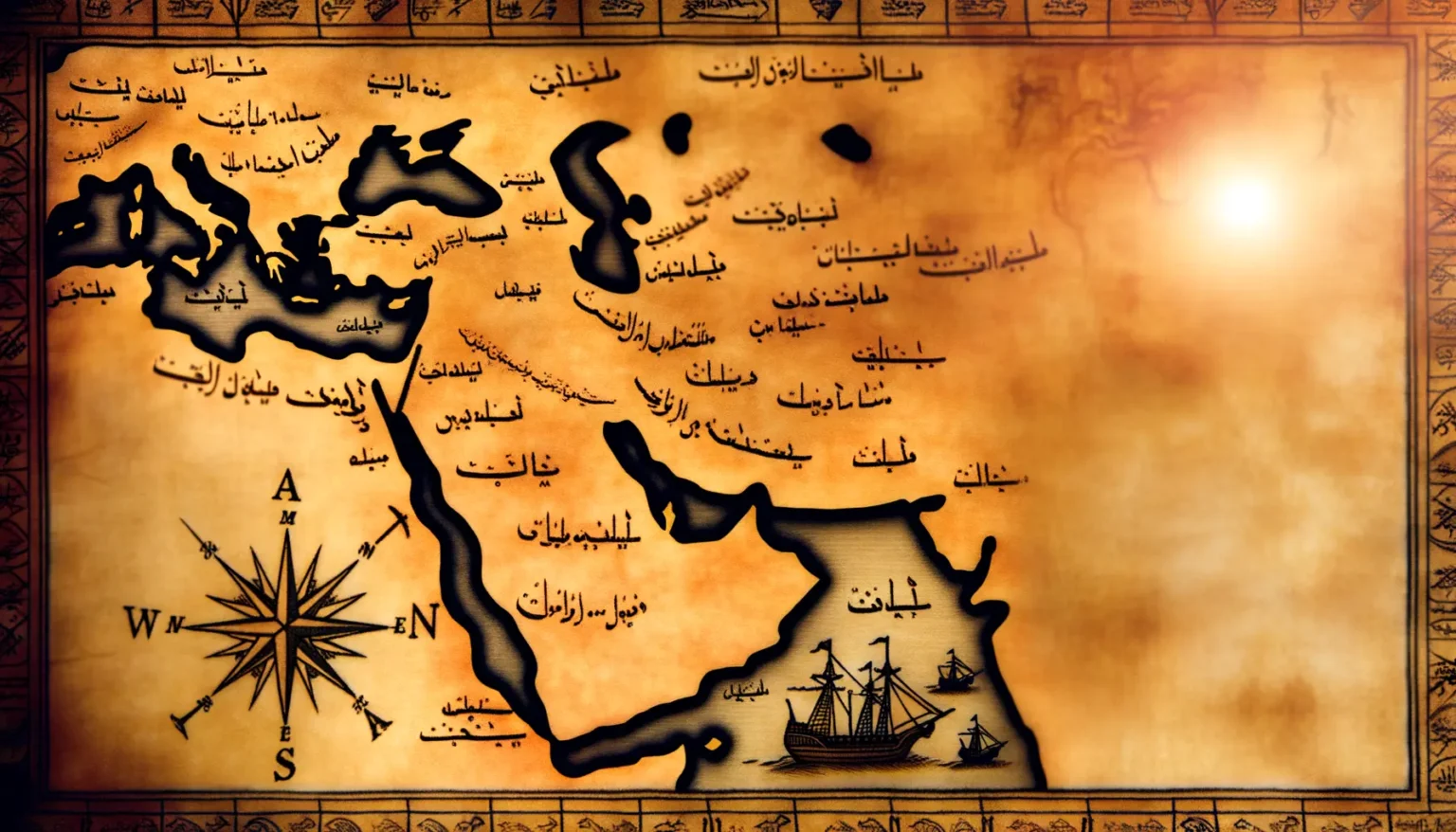 Eine stilisierte alte Karte mit Meer, Landmassen und Segelschiffen, begleitet von arabischer Schrift und einem Kompassrosen-Design im Vordergrund, all das in warmen Sepiatönen gehalten mit einem leuchtenen Punkt, der eine Sonne darstellen könnte, am rechten Rand.