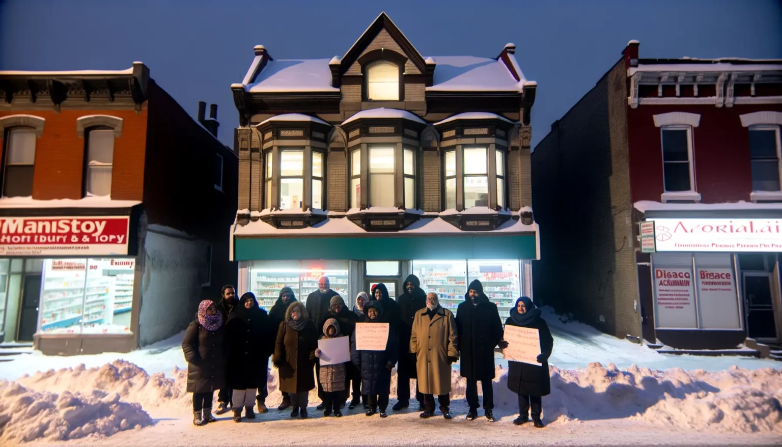 Eine Gruppe von Personen steht in winterlicher Kleidung vor einem zweistöckigen Gebäude und hält Schilder. Es scheint sehr kalt zu sein, da Schnee auf dem Bürgersteig und den Dächern der umliegenden Geschäfte liegt. Die Szene findet während der Dämmerung statt, was durch die Beleuchtung und den blauen Himmel im Hintergrund deutlich wird.