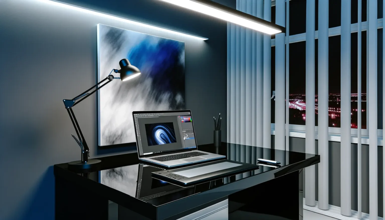 Ein modernes Büro bei Nacht mit einem eleganten schwarzen Schreibtisch, auf dem ein Laptop auf einem Ständer steht, daneben ein Zeichentablett und ein Becher mit Stiften. Eine Schreibtischlampe leuchtet auf die Arbeitsfläche. An der Wand hängt ein abstraktes Gemälde in Blau und Weiß, und durch Fenster mit vertikalen Jalousien blickt man auf eine Stadtlandschaft mit Lichtern.