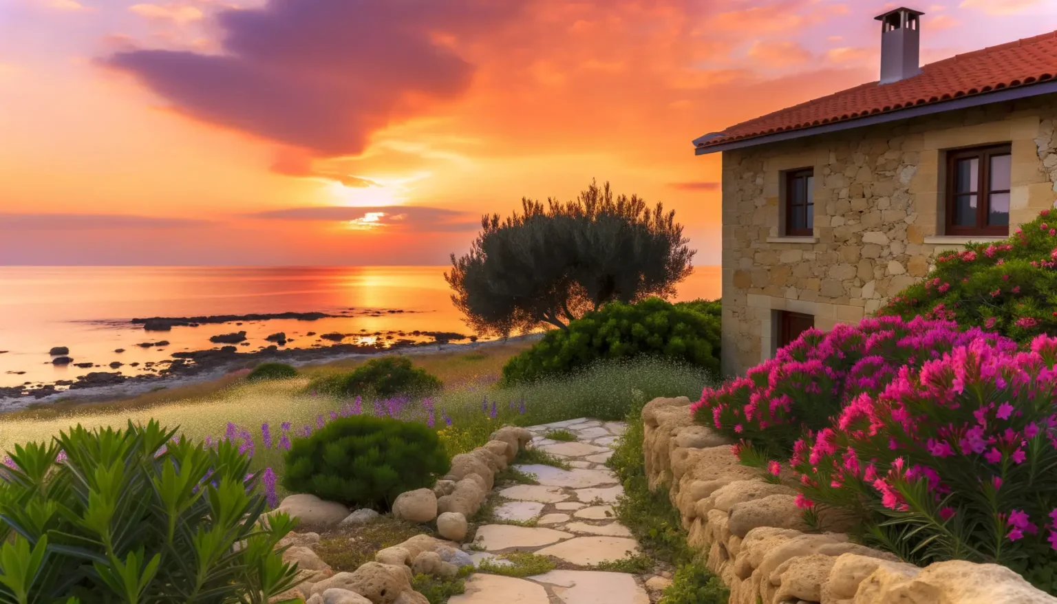 Ein malerischer Sonnenuntergang mit lebhaften Orangen- und Purpurtönen am Himmel über dem Meer, gesehen von einem blühenden Garten neben einem Steinhaus mit einem Terrakottadach. Ein Steinpfad führt durch das satte Grün und die leuchtenden Blumen zur Küste.