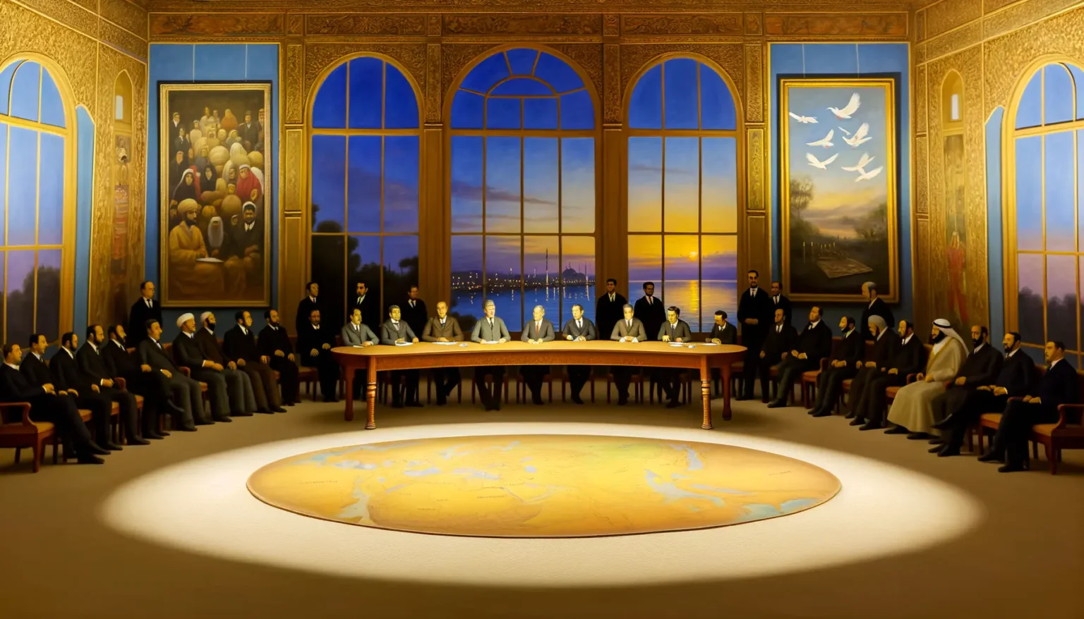 Ein Gemälde, das eine Vielzahl internationaler Führungspersönlichkeiten um einen ovalen Tisch sitzend in einem eleganten Saal zeigt. Im Zentrum des Tisches liegt eine große, beleuchtete Weltkarte. Der Raum verfügt über große Fenster, die einen Blick auf eine Meereslandschaft bei Sonnenuntergang freigeben. An den Wänden hängen zwei große Portraits und die Einrichtung ist reich verziert. Die Atmosphäre des Bildes wirkt feierlich und bedeutend.