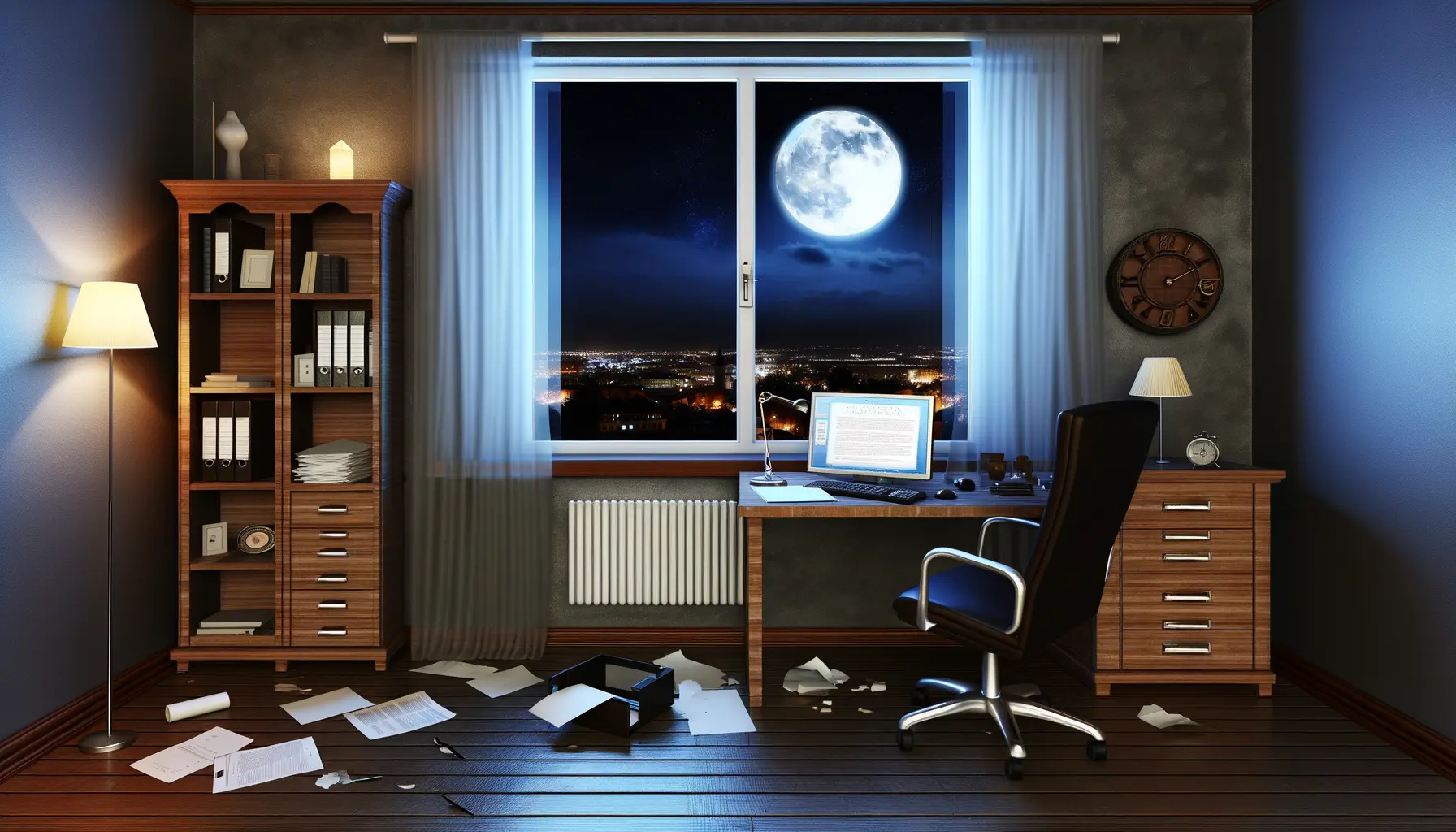 Atmosphärische Darstellung eines verlassenen Büros bei Nacht