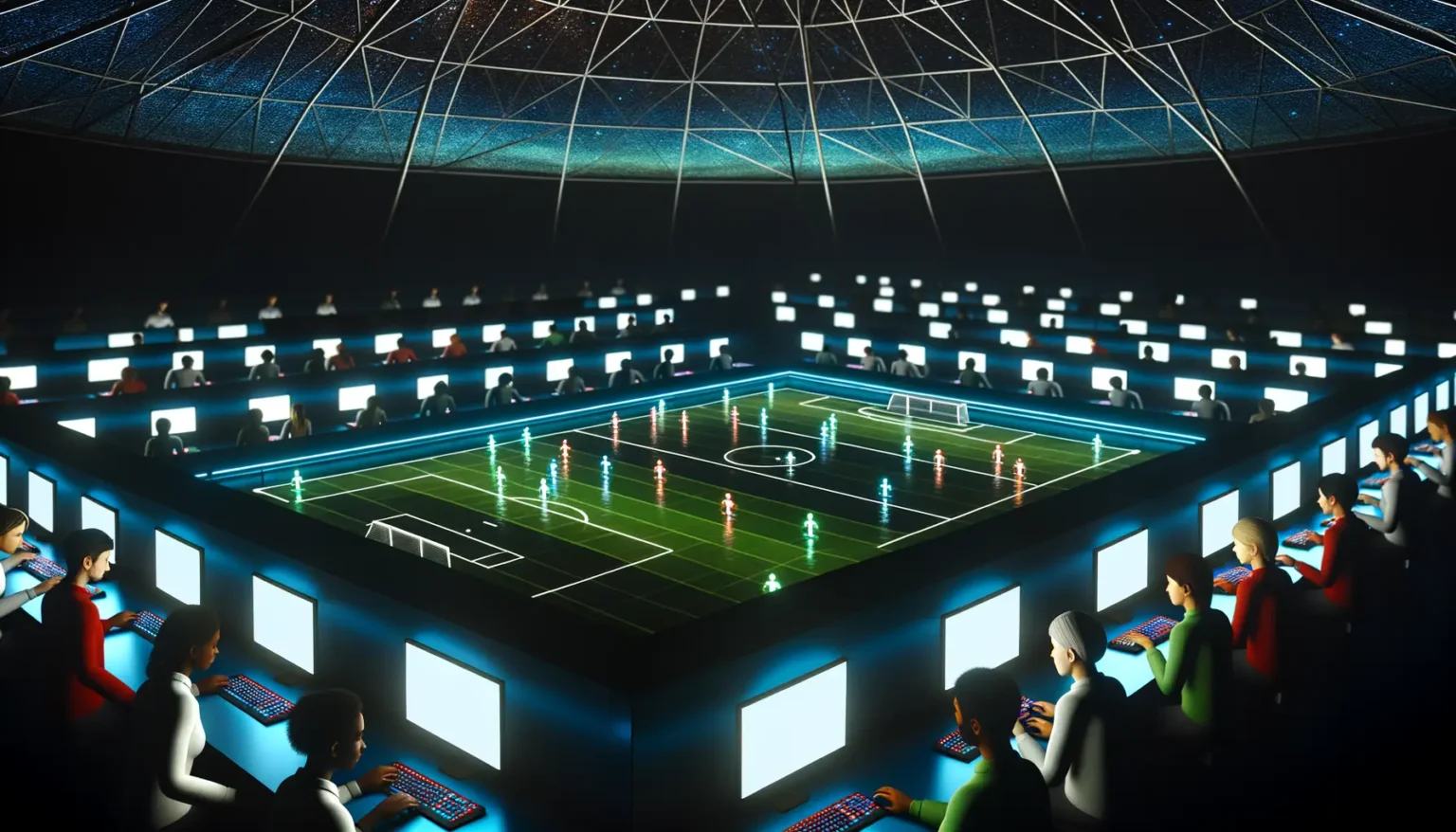 Eine futuristische Darstellung eines Fußballstadions bei Nacht mit holographischer Spielfeldprojektion und mehreren Ebenen von Zuschauern, die an beleuchteten Konsolen sitzen. Über dem Spielfeld spannt sich eine kuppelförmige, sternenhimmelähnliche Konstruktion. Die Szene kombiniert Elemente des Sports mit hochmoderner Technologie und Cyber-Ambiente.