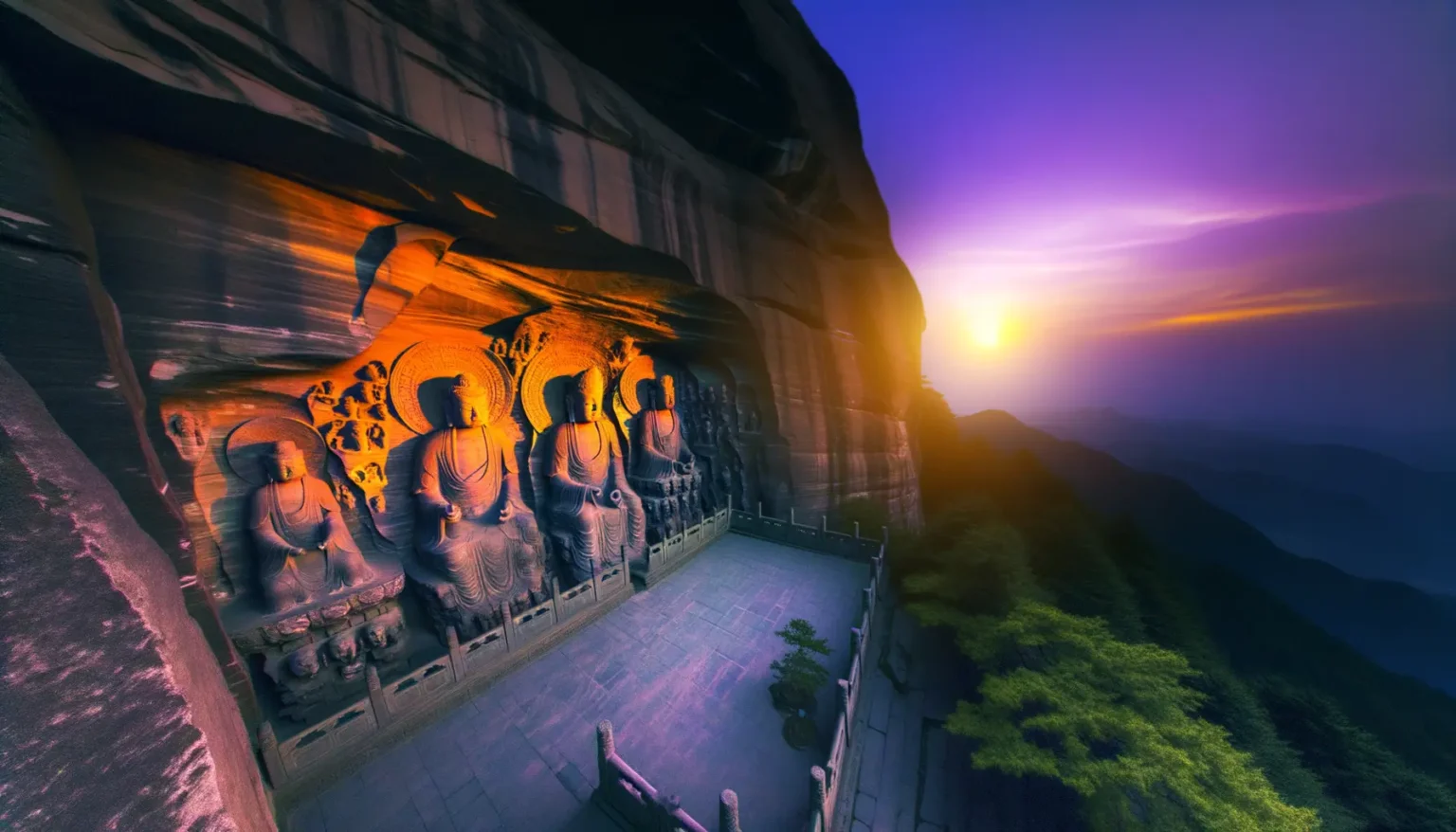 Eine Reihe großer, in Stein gehauener buddhistischer Figuren an einer Felswand mit Blick auf eine atemberaubende Berglandschaft während des Sonnenuntergangs, wobei die Farben des Himmels von warmem Gelborange zu violetten und blauen Tönen übergehen.