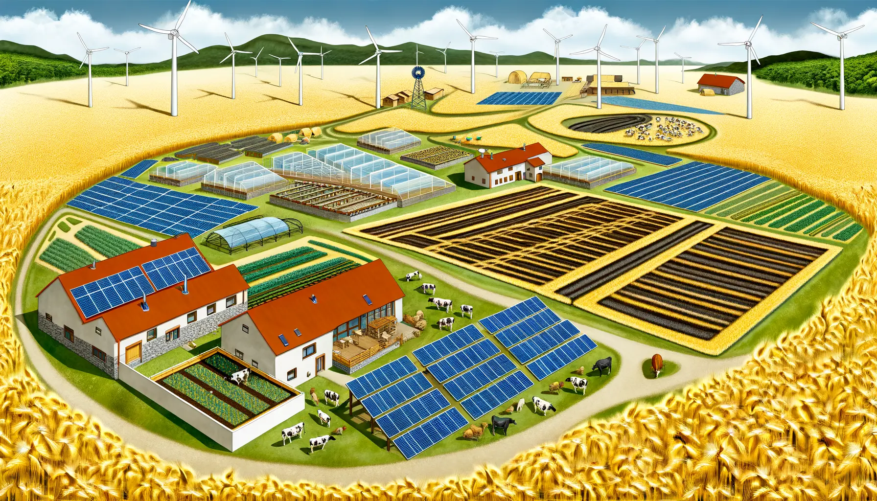 Illustration eines autarken Bauernhofs