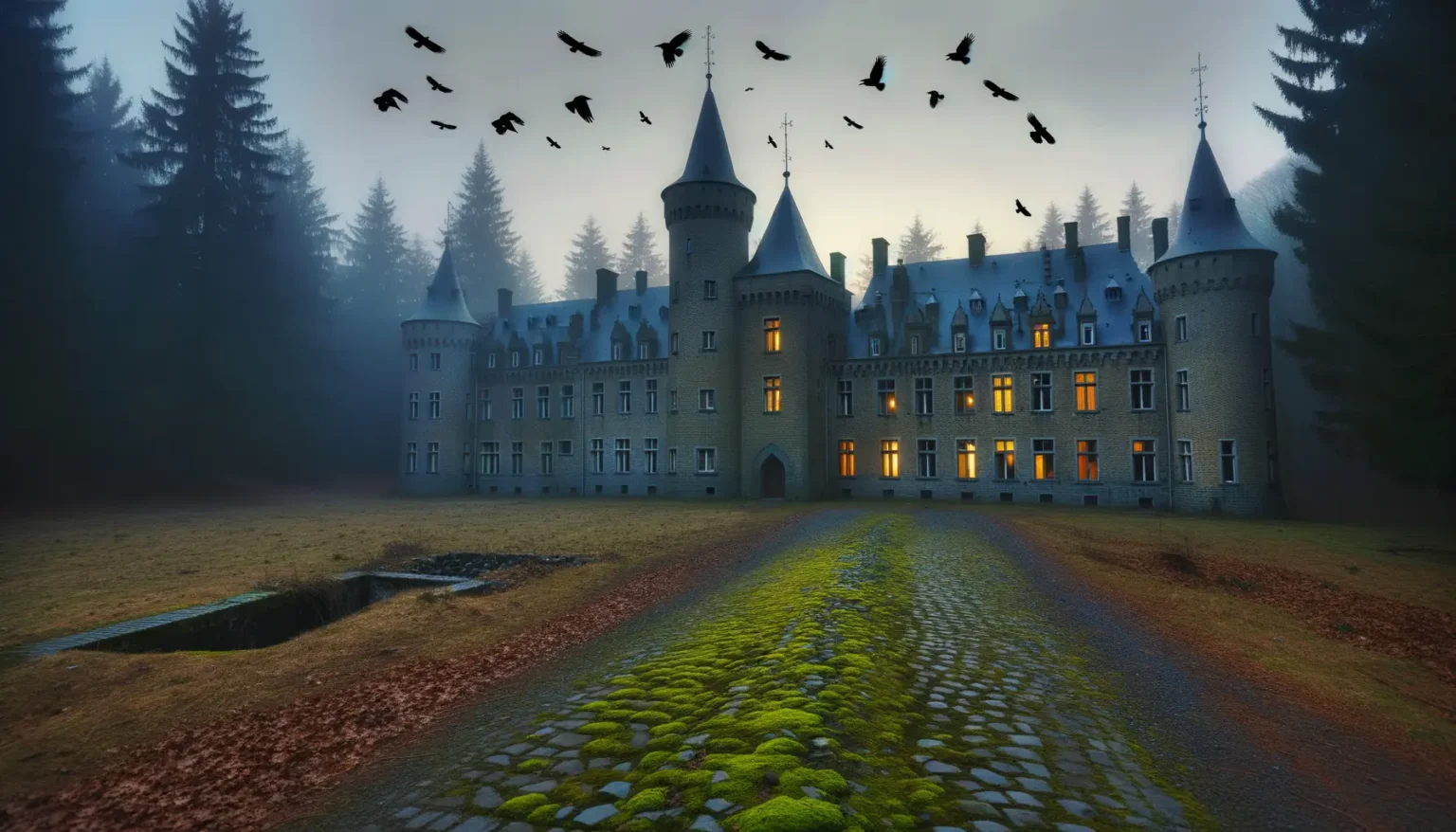 Ein imposantes Schloss mit mehreren Türmen und spitzen Dächern, beleuchteten Fenstern vor einem bewölkten Himmel im Zwielicht. Vor dem Schloss erstreckt sich ein Weg mit Moos bedeckt, flankiert von kahlen Bäumen. Über dem Schloss fliegen Vögel in den düsteren Himmel.