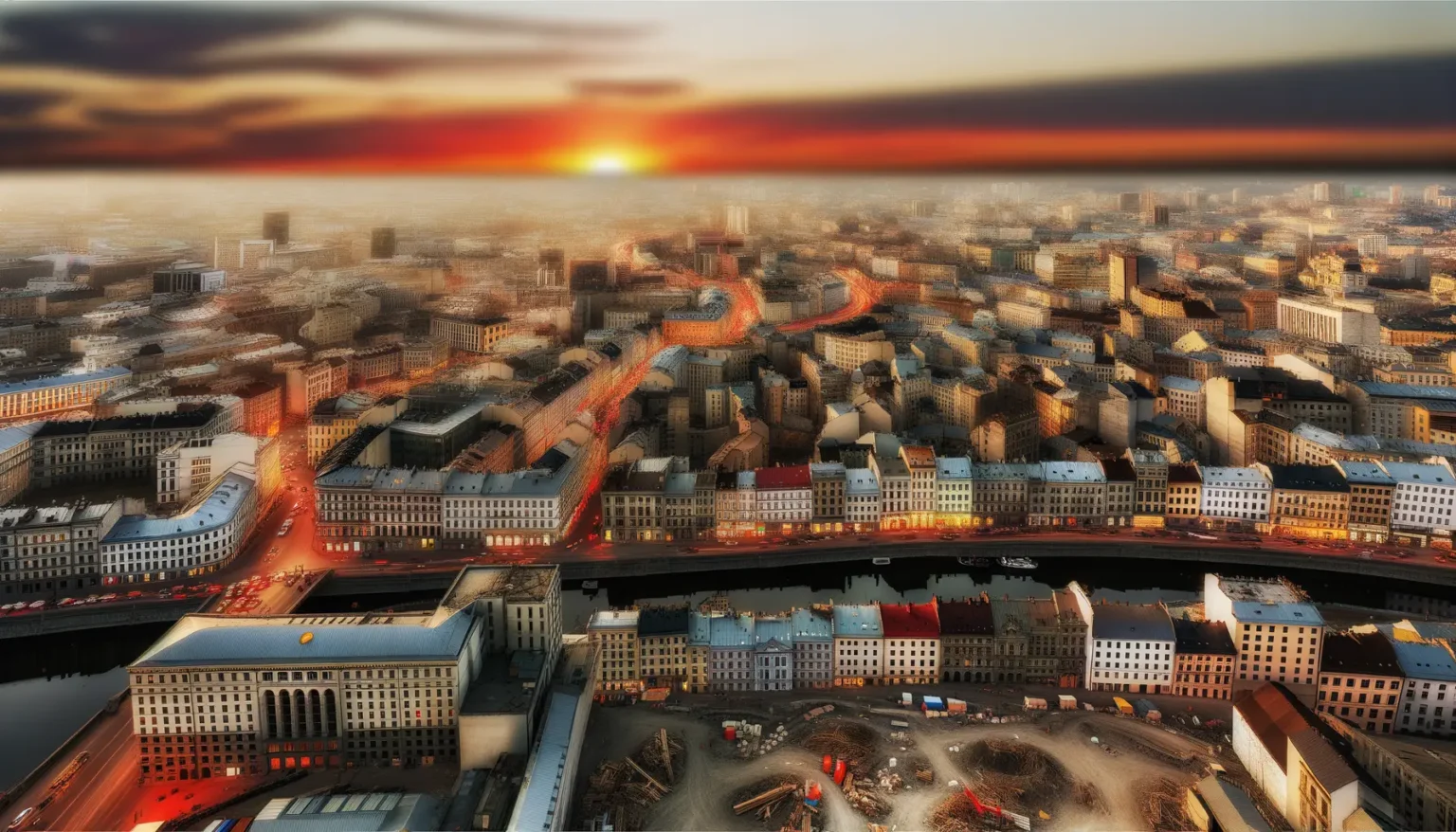 Luftaufnahme einer belebten Großstadt bei Sonnenuntergang, mit sichtbaren Fahrzeuglichtern, die durch die Straßen streifen und ein glühendes Muster bilden, vor dem Hintergrund eines pastellfarbenen Himmels.