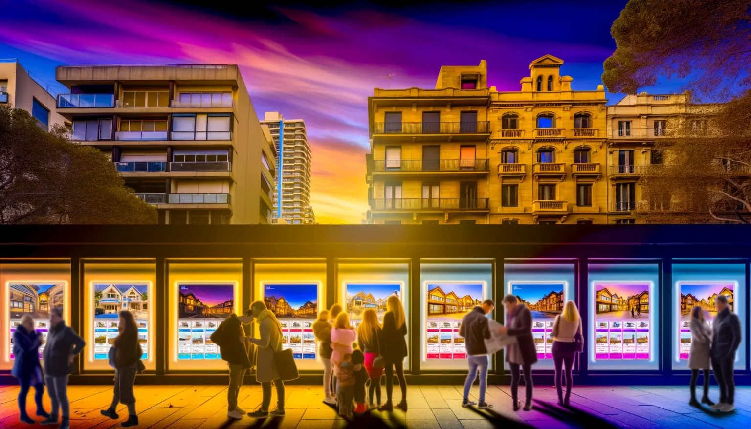 Eine belebte Straße bei Einbruch der Dämmerung, Menschen betrachten Immobilienanzeigen in einem Maklerbüro mit leuchtenden Auslagenscheiben. Im Hintergrund zeichnet sich die Skyline von Stadthäusern gegen einen dramatischen Himmel mit lebhaften lila und orange Tönen ab.