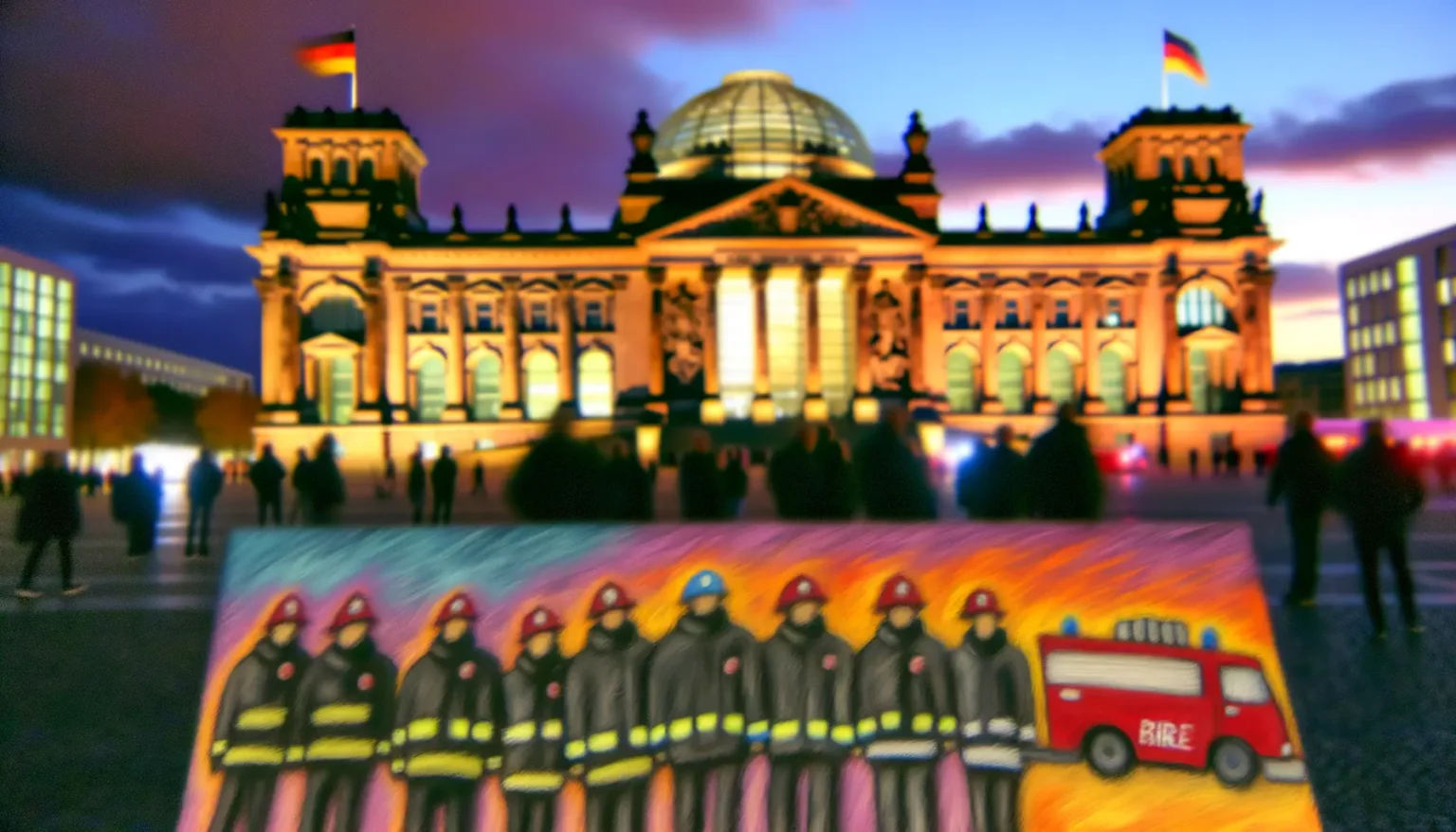 Verschwommenes Bild des Berliner Reichstagsgebäudes bei Abenddämmerung mit beleuchteten Fenstern und einer wehenden deutschen Flagge auf dem Dach, im Vordergrund unscharfe Silhouetten von Menschen, die sich anscheinend auf dem Platz vor dem Gebäude aufhalten. Im unteren Teil des Bildes ist ein unscharfes, kindlich gezeichnetes Bild von Feuerwehrleuten in einer Reihe mit einem roten Feuerwehrauto platziert.