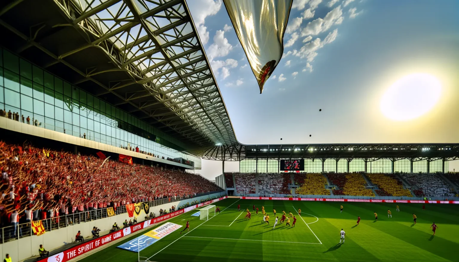 Ein Fußballspiel bei Sonnenuntergang in einem großen Stadion, gefüllt mit Fans in roten und weißen Trikots. Die Szene zeigt Spieler auf dem grünen Spielfeld, während ein Ball in der Luft fliegt und ein Luftschiff über dem Spielfeld schwebt. Sonnenlicht strahlt über das Stadion, und der Himmel ist teils bewölkt.