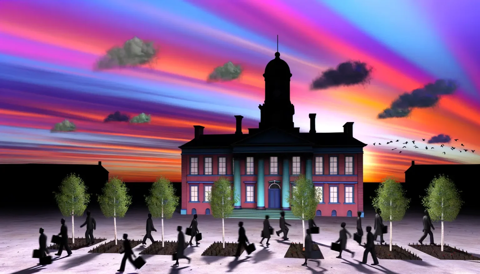Illustration eines historischen Gebäudes bei Sonnenuntergang mit lebhaften rosa und blauen Himmelsfarben. Silhouetten von Menschen, die vorbei gehen, und Bäume im Vordergrund, während Vögel am farbenfrohen Himmel fliegen.