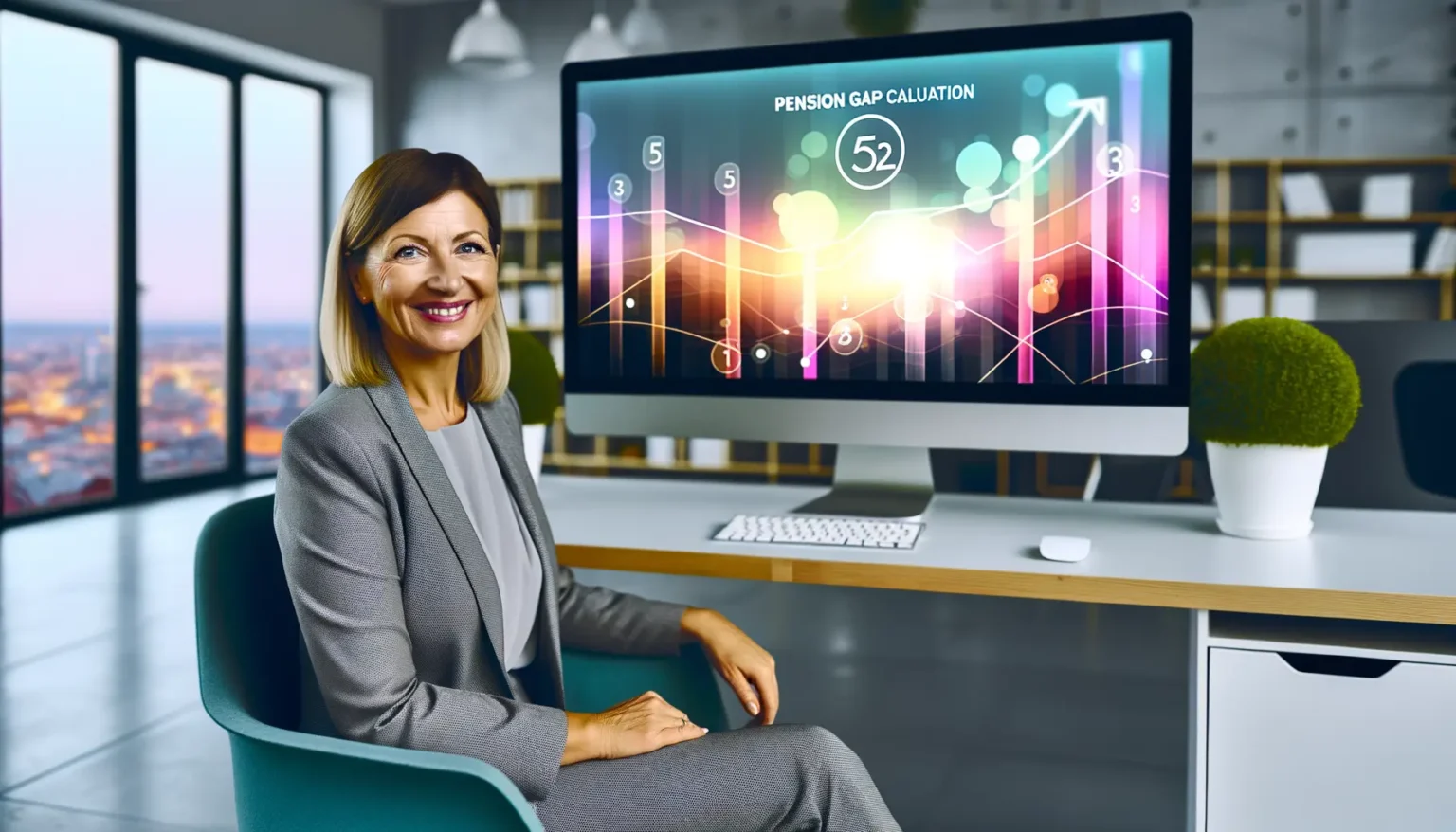Eine lächelnde Geschäftsfrau in einem modern eingerichteten Büro sitzt an einem Schreibtisch gegenüber einem Computerbildschirm, auf dem eine farbenfrohe Präsentation zur Rentenlückenberechnung zu sehen ist. Im Hintergrund bietet ein großes Fenster einen Blick auf eine städtische Skyline im Dämmerlicht.