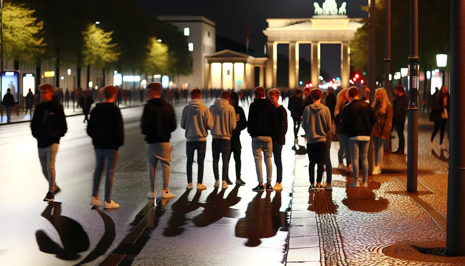 Eine Gruppe von Menschen, die in einer Reihe auf einer beleuchteten Straße nachts gehen, mit dem Brandenburger Tor im Hintergrund. Die Szene wird durch die Straßenbeleuchtung dramatisch beleuchtet und wirft lange Schatten auf den nassen Boden.