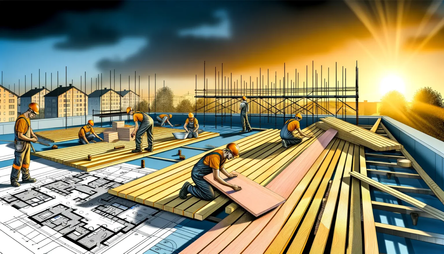 Illustration eines geschäftigen Baustellen-Arbeitsbereichs mit Arbeitern, die unter einem strahlenden Sonnenuntergang auf einem Dachkonstrukt tätig sind. Sie tragen Sicherheitskleidung und Helme, während sie Holzbretter verlegen und Baupläne überblicken, die im Vordergrund zu sehen sind. Scaffolding und Stadtsilhouette im Hintergrund.