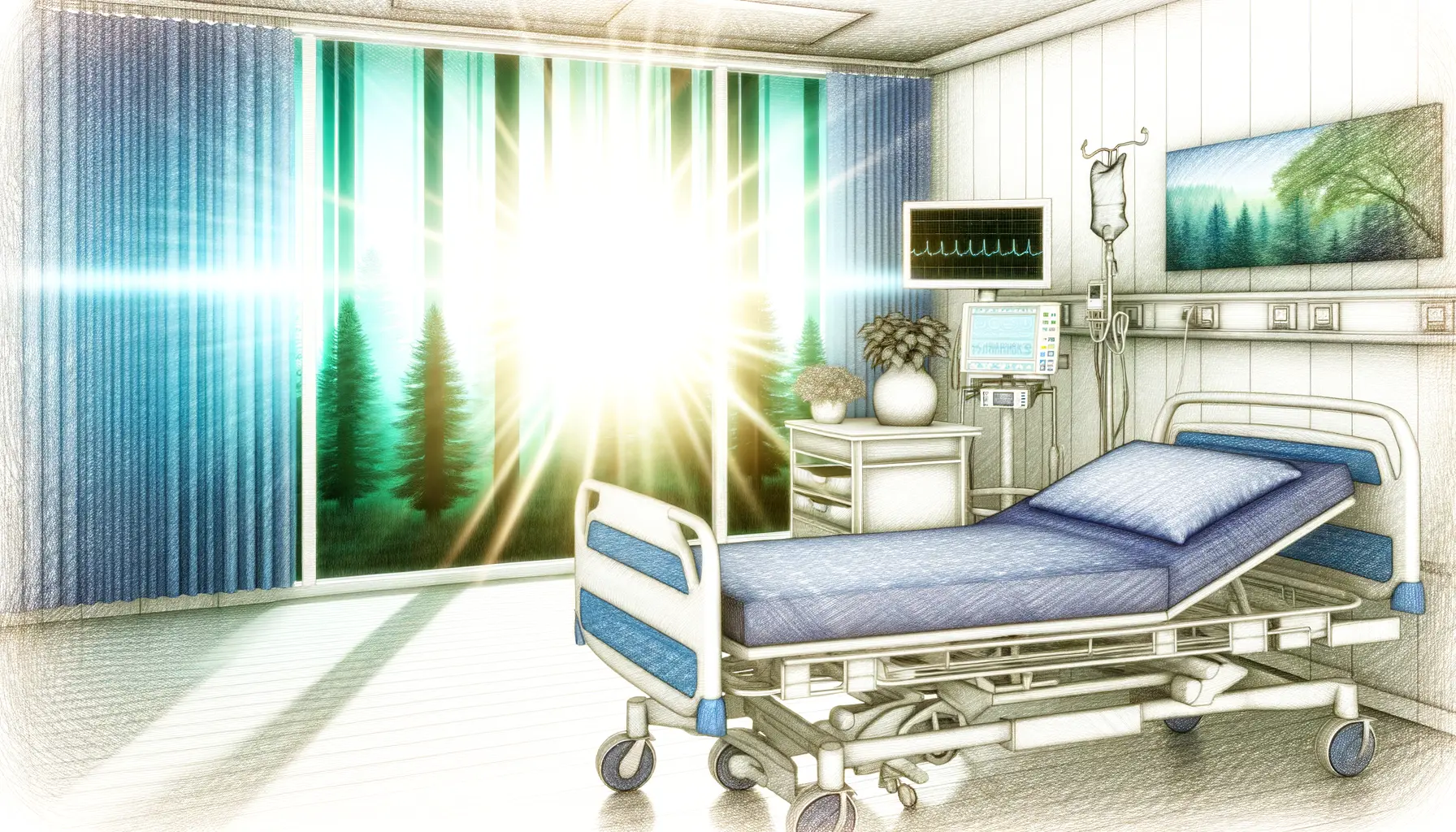 Krankenhauszimmer mit Sonneneinstrahlung durch das Fenster