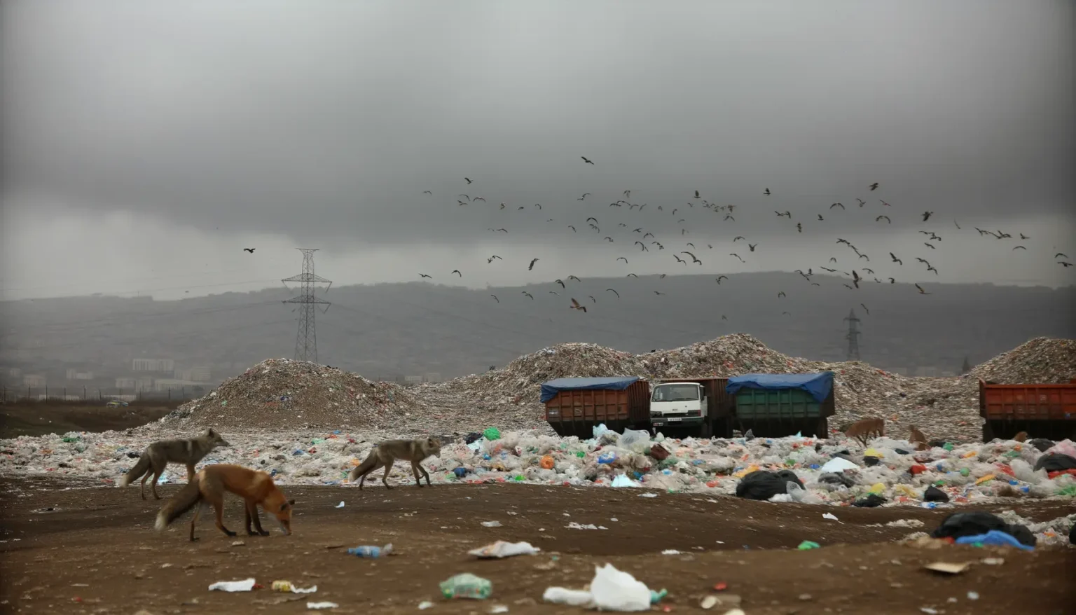 Ein Bild von drei streunenden Hunden, die auf einer Mülldeponie zwischen verstreutem Abfall herumlaufen. Im Hintergrund sieht man große Müllberge und darüber einen Schwarm von Vögeln im Flug. Düstere Wolken hängen über der Szene, und im Hintergrund erkennt man Strommasten und die Silhouette eines Hügels oder einer kleinen Bergkette.
