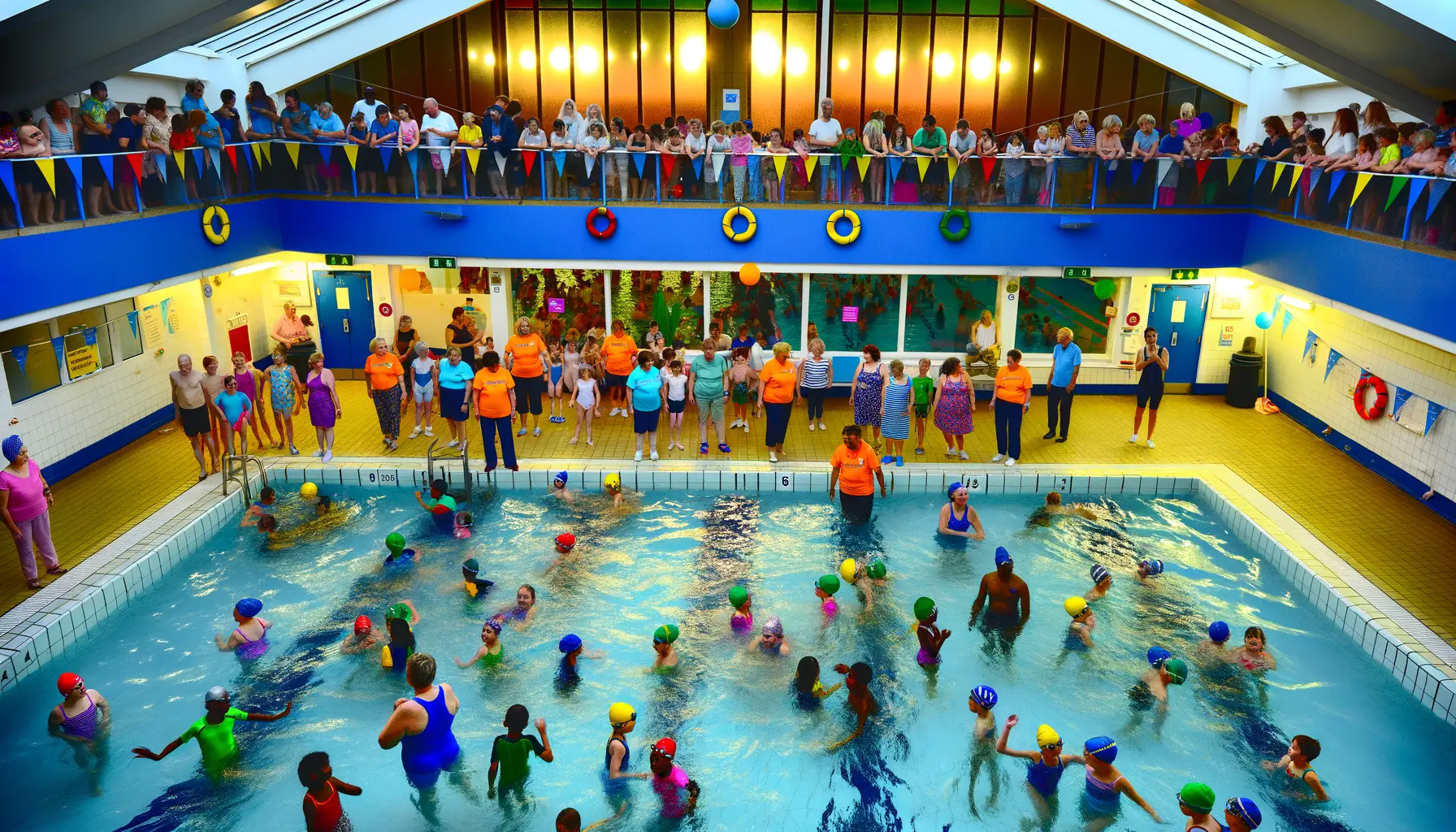 Kinder und Erwachsene beim Schwimmabzeichentag im Hallenbad
