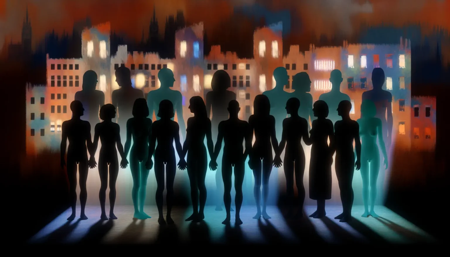 Digitale Kunst eines abstrakten Stadtsilhouettenhintergrunds bei Nacht mit differenziell beleuchteten, farbigen Silhouetten von menschenähnlichen Figuren im Vordergrund.