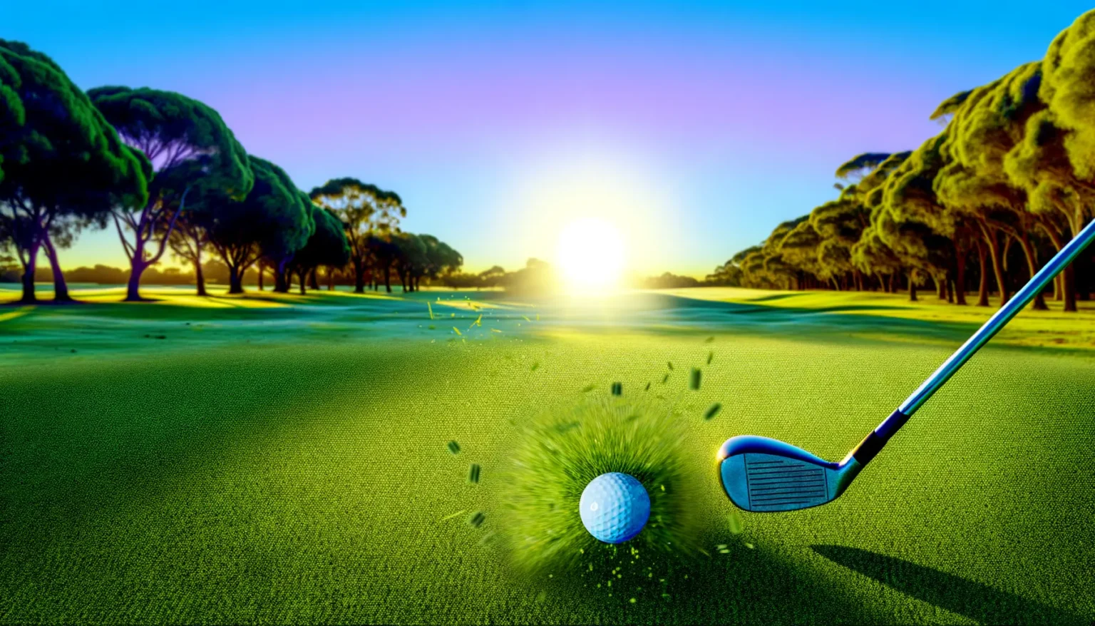 Ein Golfschläger trifft einen weißen Golfball auf einem Golfrasen; Grasstücke werden durch die Wucht des Schlages in die Luft geschleudert. Im Hintergrund sind Bäume und ein strahlend blauer Himmel mit aufgehender oder untergehender Sonne zu sehen.