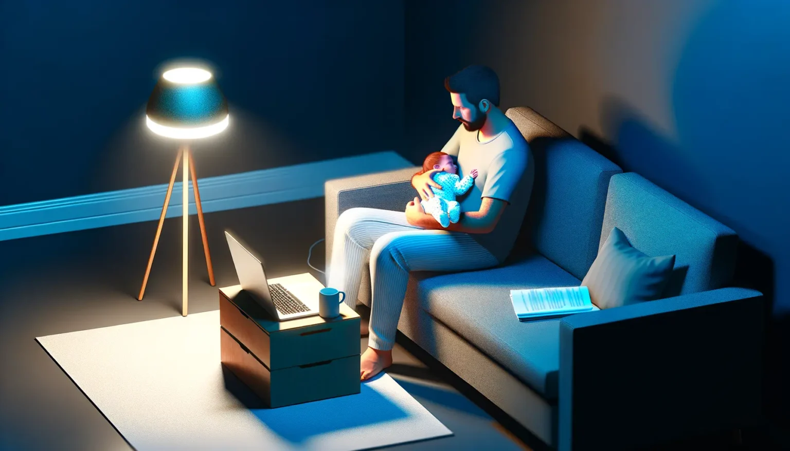 Eine illustrierte Szene zeigt einen Mann mit Bart, der liebevoll ein Baby im Arm hält, während er auf einem Sofa in einem dunklen Raum sitzt. Neben ihm steht ein kleiner Beistelltisch mit einer Tasse und einem Laptop, der geöffnet ist. Auf dem Boden liegt ein Teppich. Hinter dem Sofa beleuchtet eine Stehlampe mit drei Holzbeinen den Raum, und auf dem Sofa liegt ein Buch. Die Szene strahlt eine warme, gemütliche Atmosphäre aus.