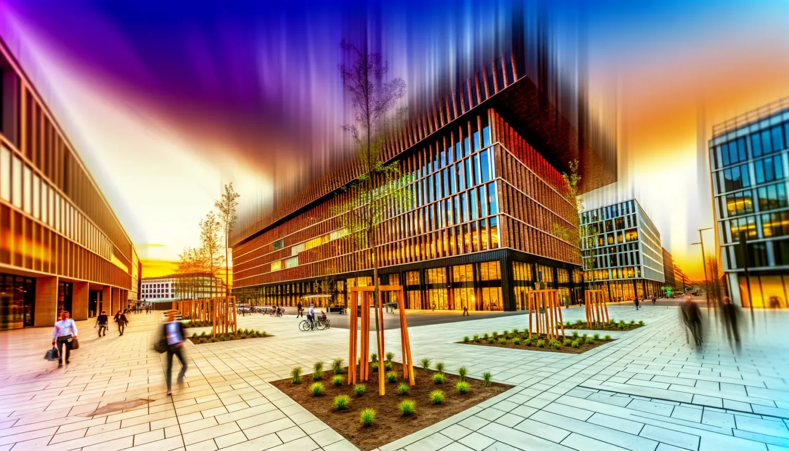 Moderne Architektur von städtischen Bürogebäuden bei Abenddämmerung mit langzeitbelichteten Bewegungsunschärfen von Passanten auf einem Platz mit gepflastertem Boden und begrünten Bereichen. Das farbenfrohe Himmel mit orange-blauen Streifen verleiht dem Bild eine dynamische Atmosphäre.