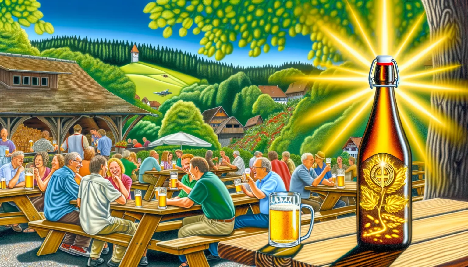 Eine lebhaft kolorierte Szene in einem Biergarten mit lachenden und interagierenden Menschen, die an Holztischen sitzen und Bier trinken. Im Vordergrund steht eine leuchtende Bierflasche mit auffälligen Strahlen, die von ihr ausgehen. Im Hintergrund befindet sich eine idyllische Landschaft mit Hügeln, einem Wald und traditionellen Häusern.