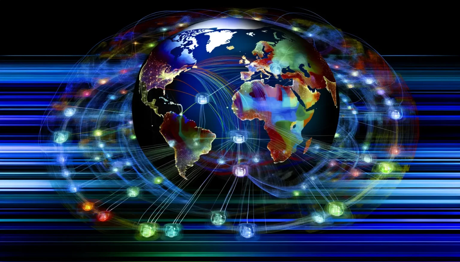 Eine stilisierte Darstellung des Planeten Erde mit leuchtenden Netzwerkverbindungen und Datenströmen, die die globale Vernetzung symbolisieren, auf einem dunklen Hintergrund mit blauen Streifen.