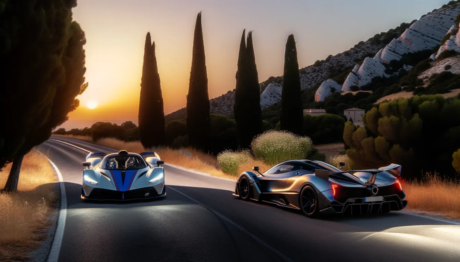 Zwei luxuriöse Sportwagen fahren auf einer kurvigen Landstraße bei Sonnenuntergang, umgeben von hohen Zypressen und felsigen Hügeln. Die Szene strahlt eine ruhige, malerische Atmosphäre aus.