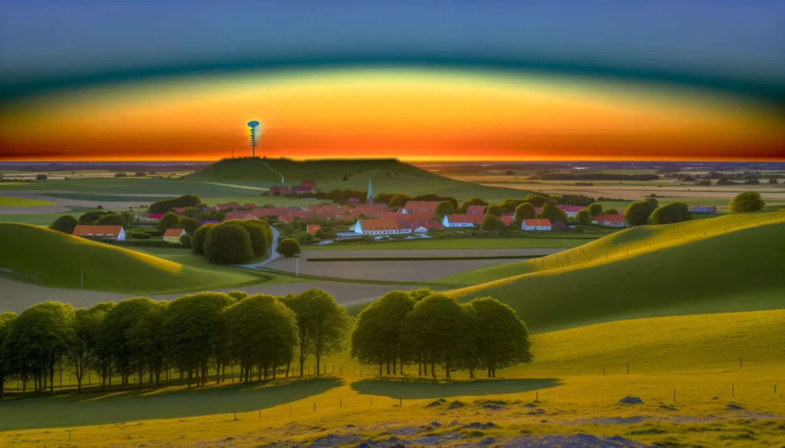 Landschaftsaufnahme bei Sonnenuntergang mit Blick auf eine kleine Ortschaft, umgeben von grünen Hügeln und Feldern. Ein markanter Wasserturm steht auf einem Hügel im Hintergrund. Der Himmel zeigt leuchtende Farben von Orange über Gelb bis Blau.
