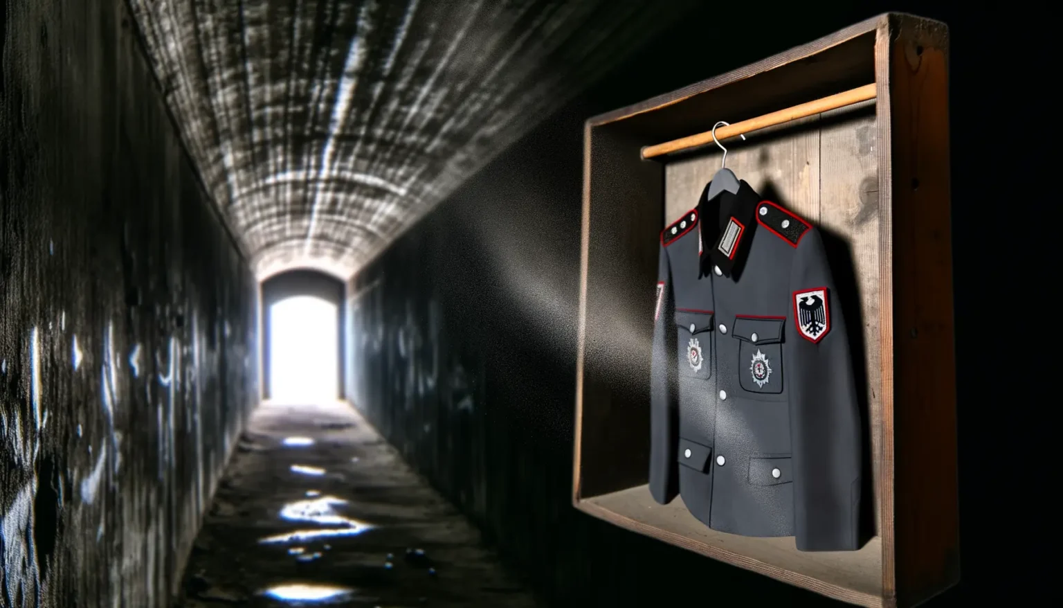 Eine militärische Uniform hängt an einem Kleiderbügel in einer Vitrine, die an der dunklen Wand eines Tunnels befestigt ist, dessen Ende durch ein helles Licht im Hintergrund erhellt wird.