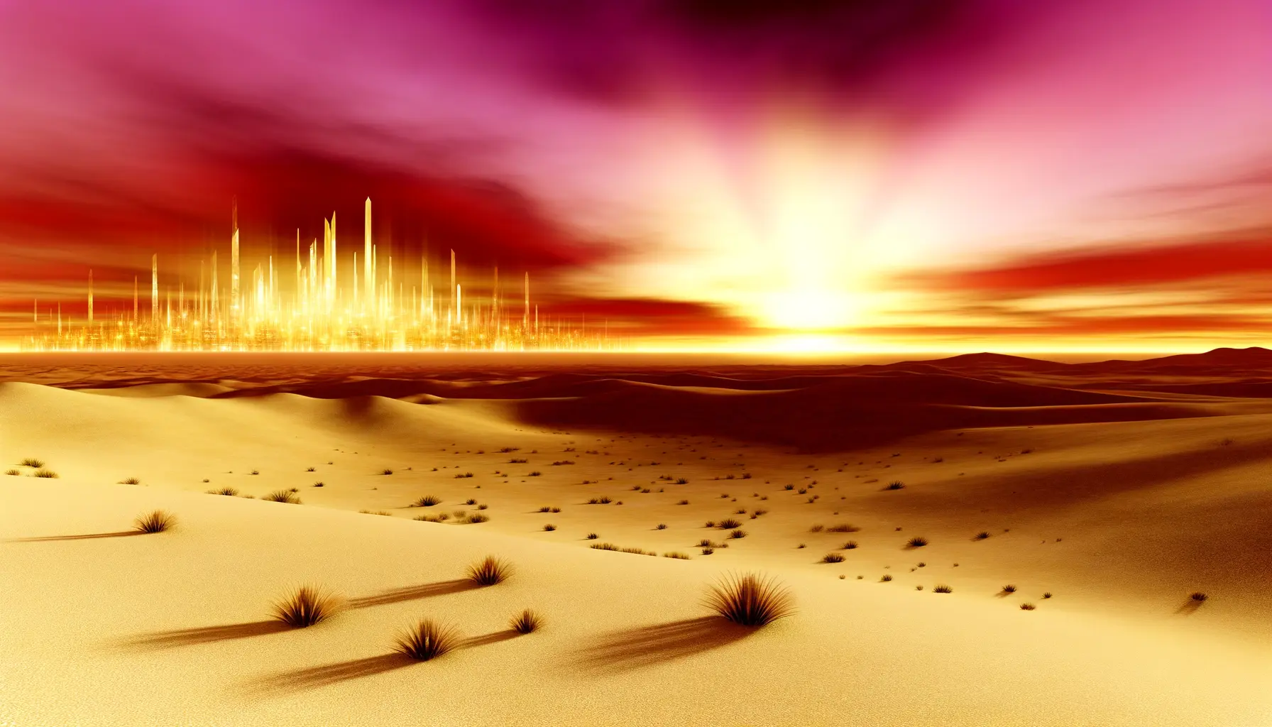 Wüstenlandschaft bei Sonnenuntergang mit der Silhouette einer Kristallstadt am Horizont