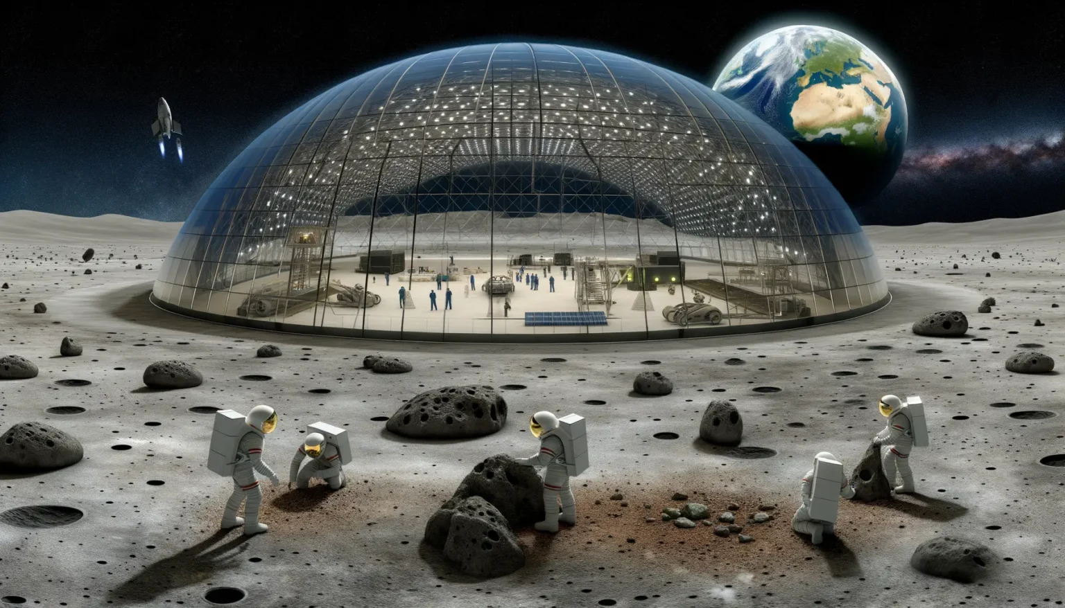 Eine futuristische Mondbasis mit einer großen, kuppelförmigen Struktur, in der Menschen zu sehen sind. Im Hintergrund ist die Erde im Weltraum sichtbar. Astronauten in Raumanzügen sammeln Proben auf der Mondoberfläche, und ein Raumfahrzeug im Stil eines Space Shuttles startet in der Ferne.