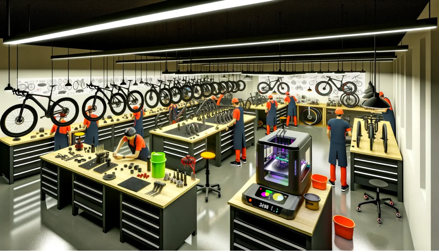 Ein modernes Fahrradwerkstatt-Interieur mit mehreren Arbeitern in orangen Overalls und Sicherheitshelmen, die mit verschiedenen Fahrradteilen und Werkzeugen arbeiten. Fahrräder sind an der Wand aufgehängt und auf Werkbänken aufgestellt, während im Vordergrund ein 3D-Drucker zu sehen ist. Das Ambiente wird durch helles Kunstlicht und eine große Wand mit Fahrradkonstruktionszeichnungen hervorgehoben.